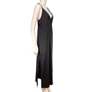 LUVALOT Flowy Satin Plunging V-neckline Maxi Minimalist Side Slit Black Dress 8